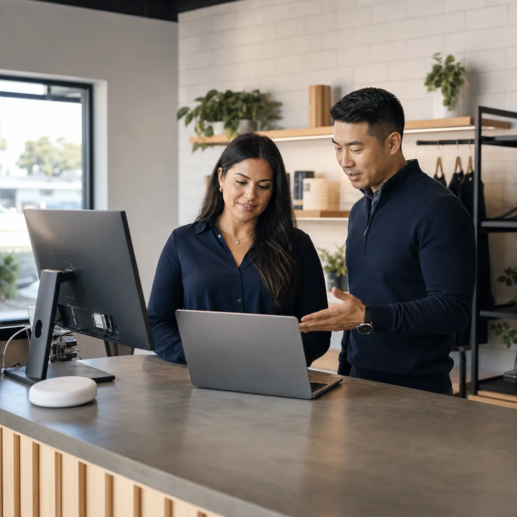 Coworkers reviewing a digital project together at a laptop