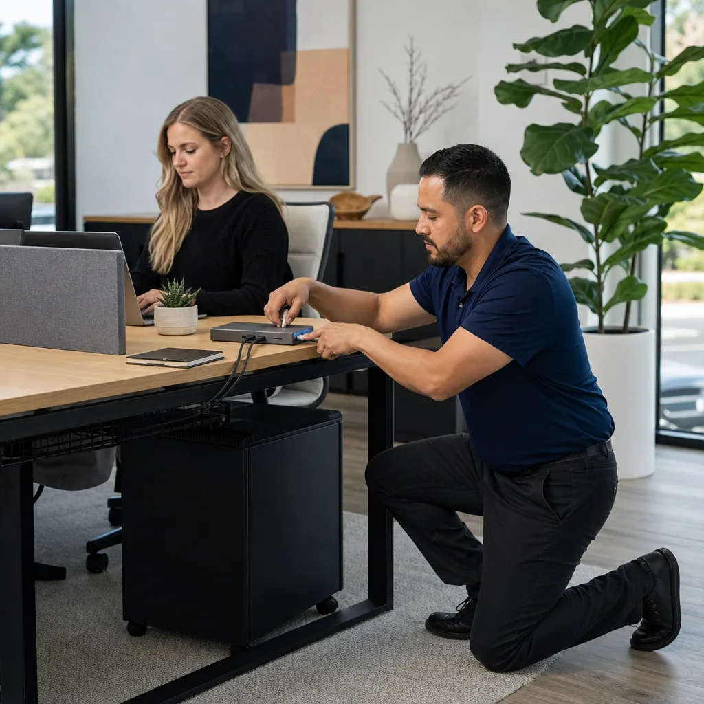 Coworkers working side by side at an office desktop computer