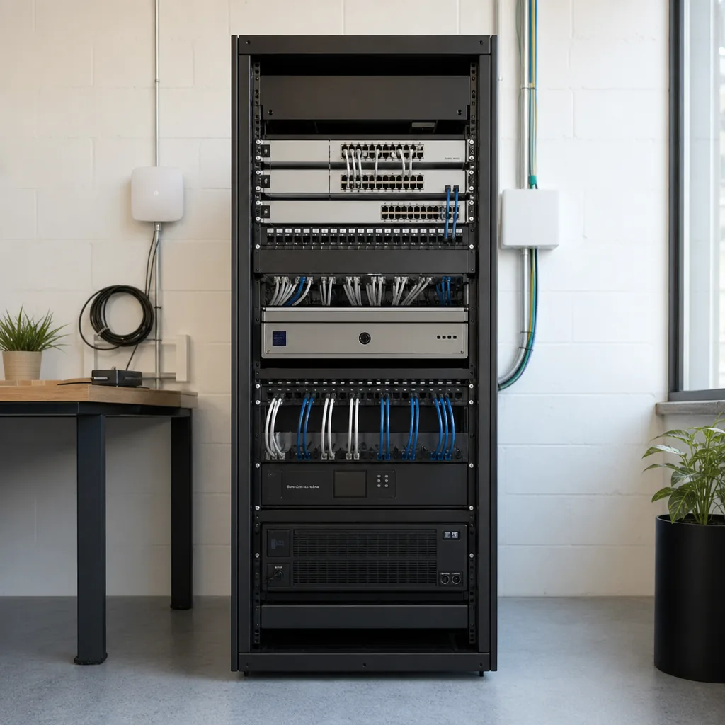 Technician configuring cables in a business network rack